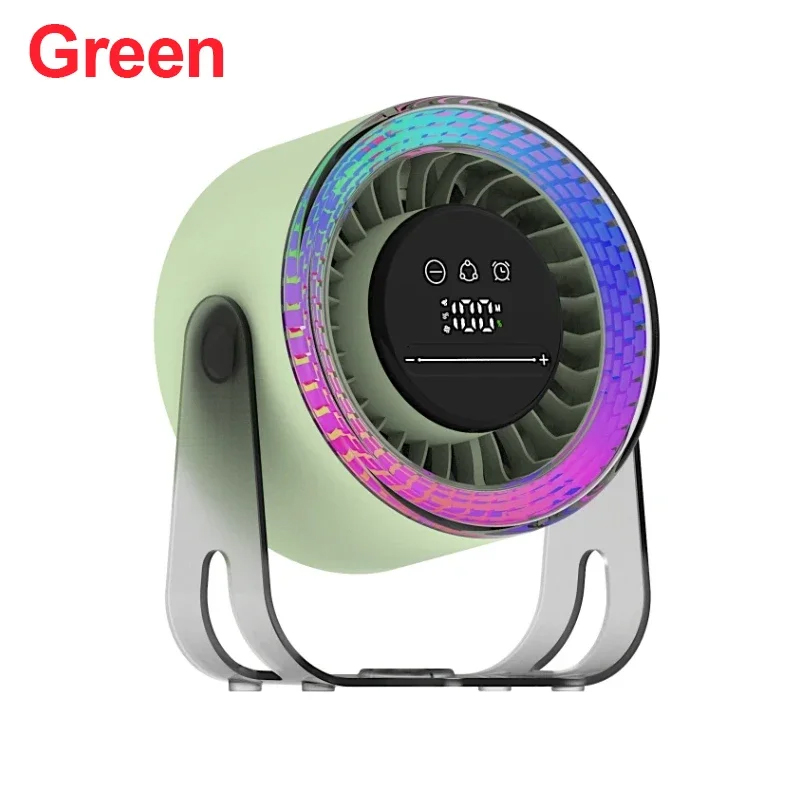 XIKCU Adjustable Gears Fan Portable Wall Hanging Fan with Colorful Lamp Intelligent Temperature Control Digital Display Fan: green