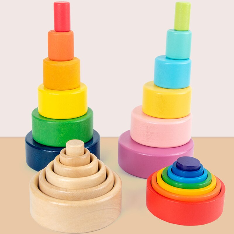 Montessori Wooden Rainbow Block Colorful Wooden Toys Matching Rainbow Stacker Learning Educational Counting Toy