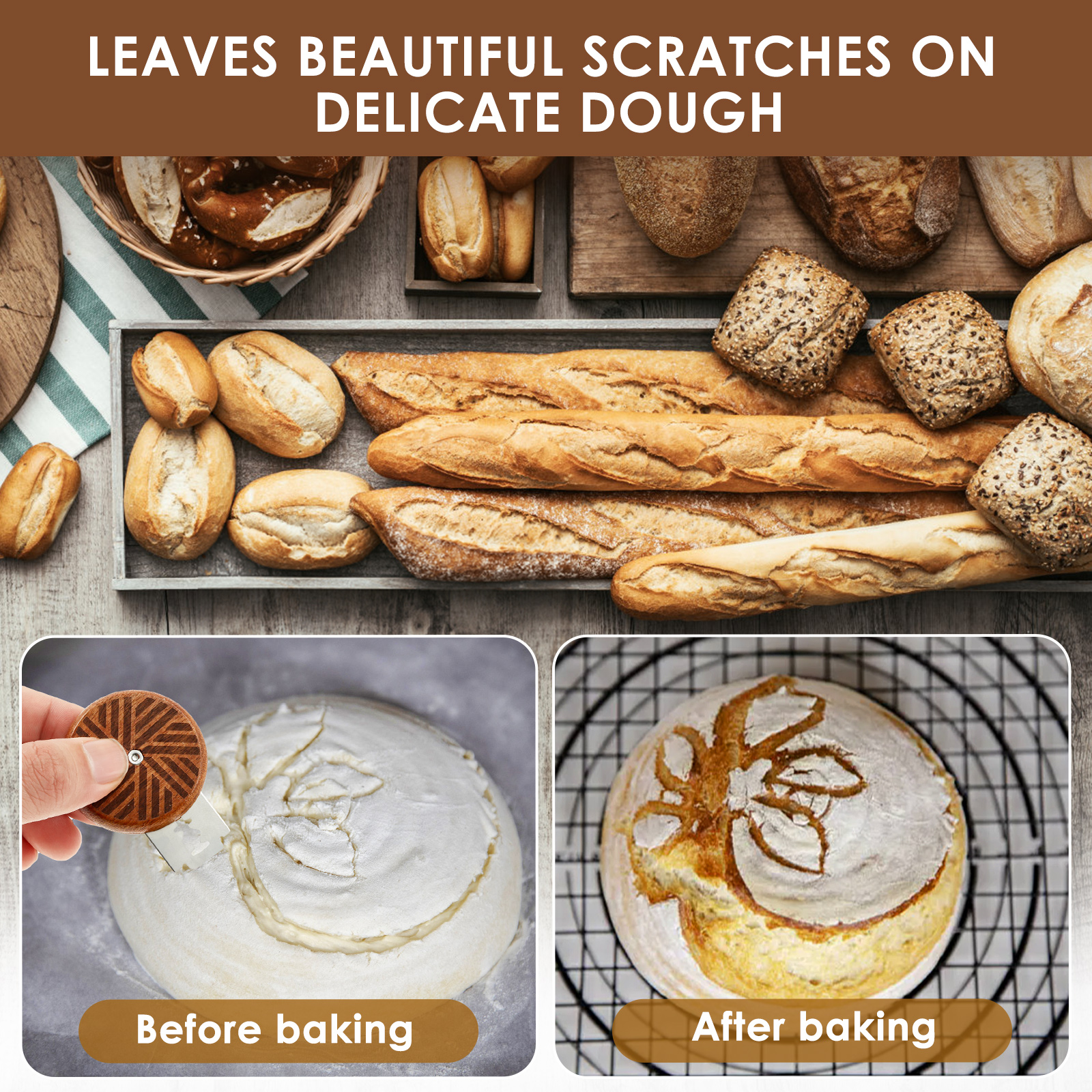 Bread Bakery Lame Tools Wooden Scraper Bread Knife/Slicer/Cutter Dough bakery stone Scoring Lame with 15 Blades Arc Curved Knife