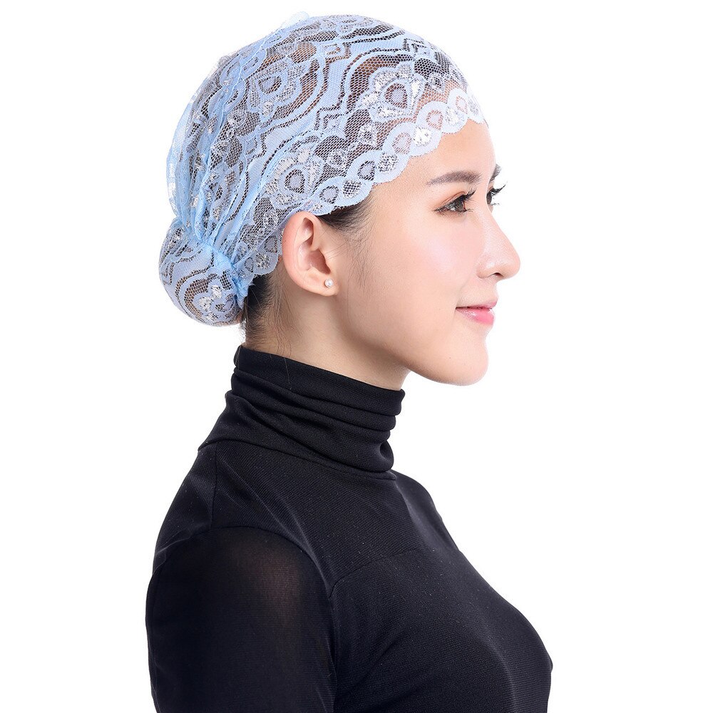 Vrouwen Moslim Stretch Kant Tulband Hoed Chemo Cap Haaruitval Hoofd Sjaal Wrap Cap: Sky Blue 