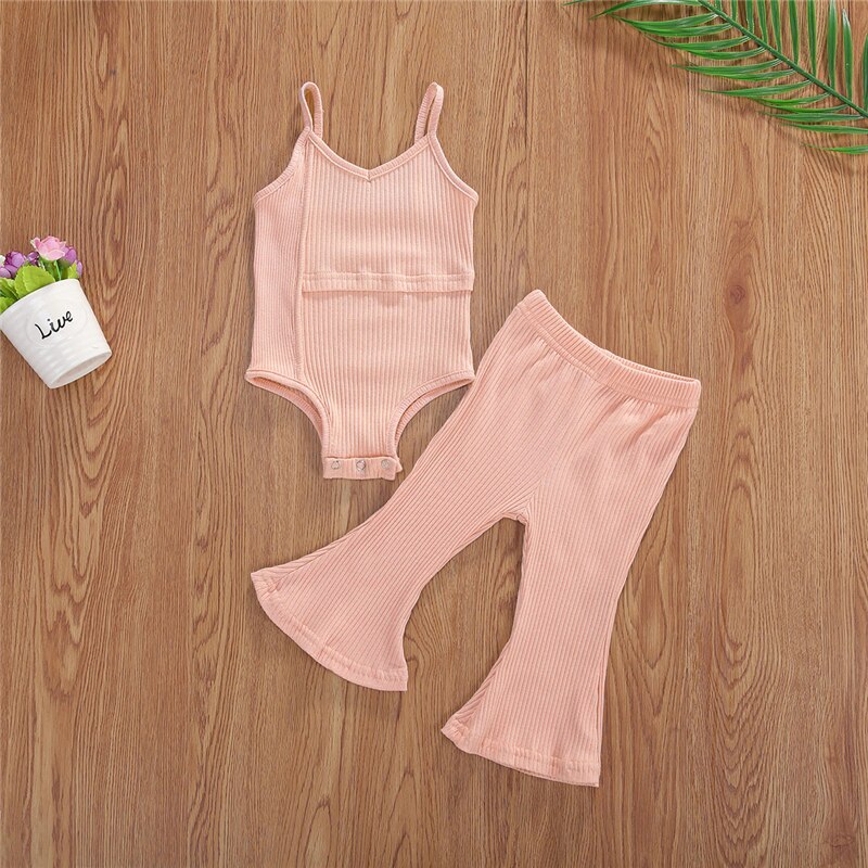 2020 lato 0-3Y niemowlę dziewczynek ubrania zestawy stałe ciało bez rękawów topy długie rozszerzane spodnie 4 kolory stroje