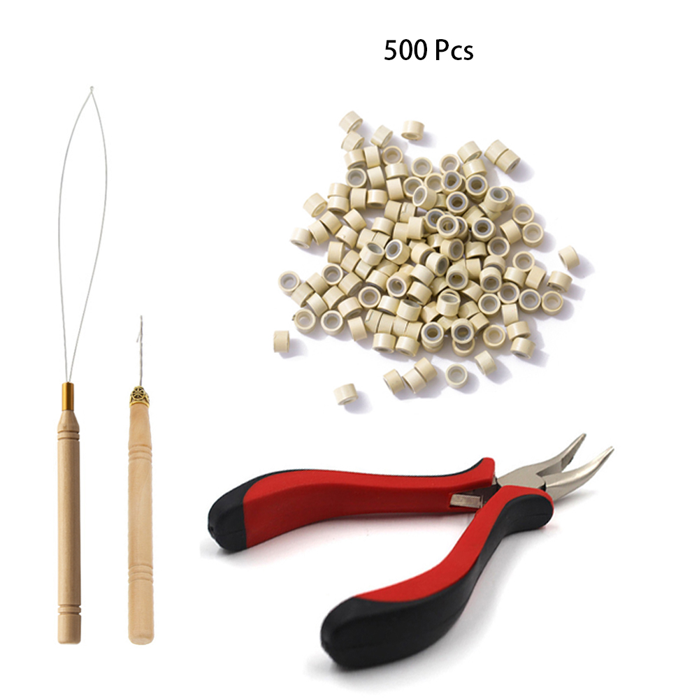 Kit de ferramentas para extensões de cabelo, 500 peças, preto, marrom escuro, marrom claro, dourado, micro anel, contas, 1 micro contas, alicate, 1 gancho, agulha puxando: Prateado