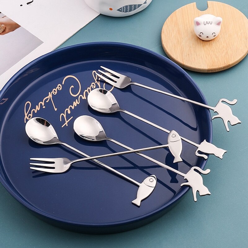 304 Stainless Steel Cat Fish Coffee Spoon Stirring Spoon Cute Dessert Milk Tea Spoon Household Kitchen Coffee Stirring Tableware