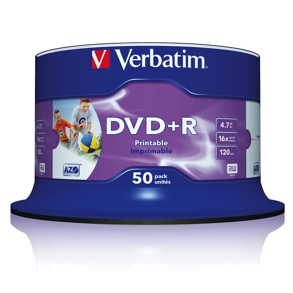 Verbatim DVD+R 4.7GB 16X 50PK Spindle White Inkjet Printable Recordable Disc Blank Compact Write DVD 43512