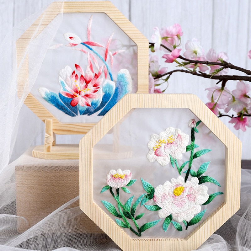 Kinesiska blommor mönster broderi kit med träram diy korsstygn set handgjorda hantverk sömnad målarmaterial paket