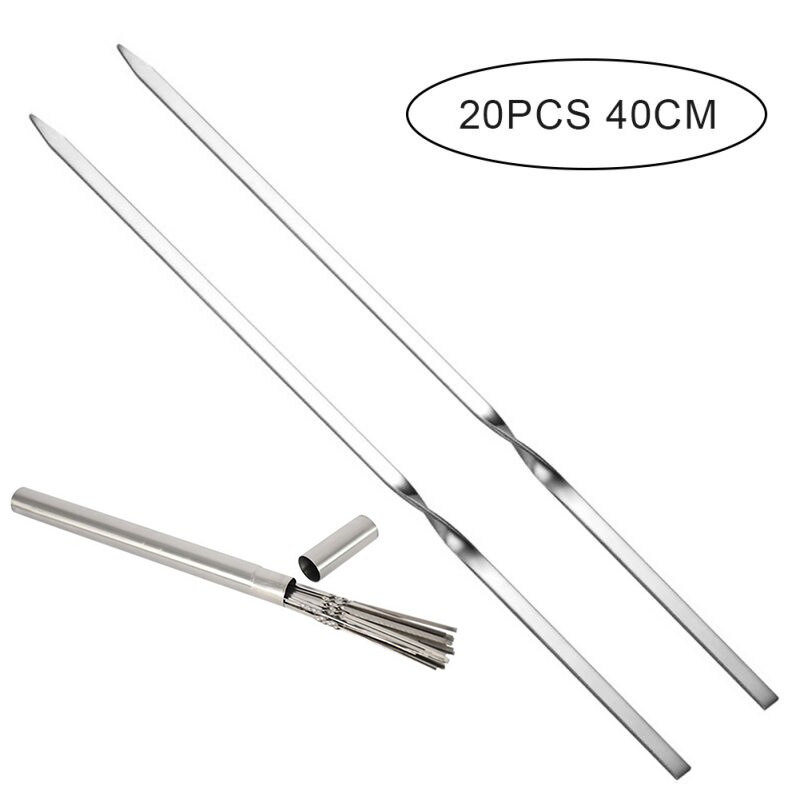 20 pièces brochettes de barbecue en acier inoxydable plat réutilisable avec boîte de rangement: 40CM