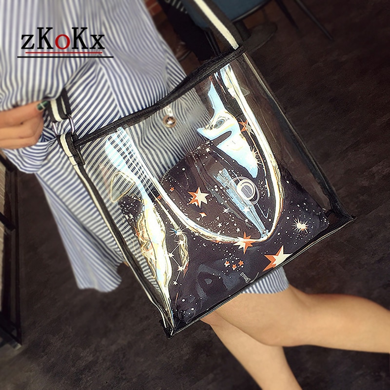 Women Transparent Beach Bag Female Two in one Shoulder Bag Large Summer Comfortable Clear bag