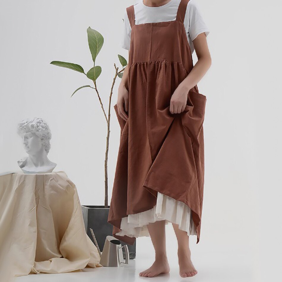 Delantal cruzado de lino y algodón japonés con hebilla ajustable, para mujer y niña, para salón de cocina, Vintage, para madre