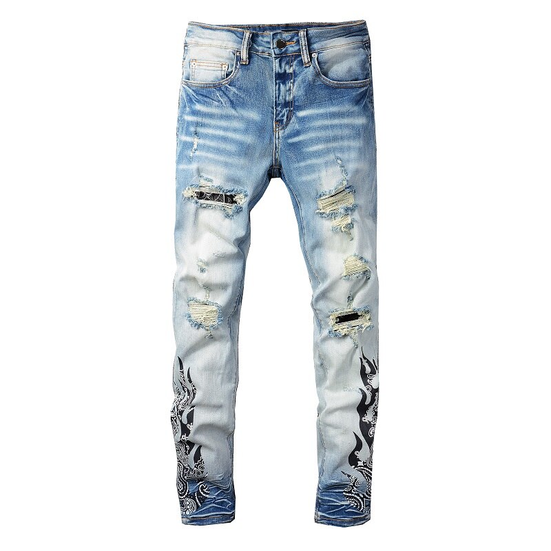Jean en Denim imprimé Paisley Bandana pour homme, Streetwear, Patch flamme, Patchwork, pantalon extensible, déchiré, effilé