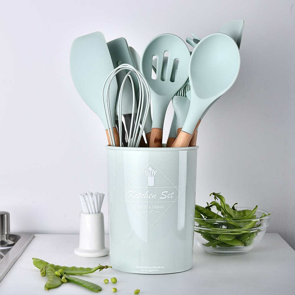 Juego de utensilios de cocina de silicona antiadherente espátula pala con asa de madera conjunto de utensilios para cocina con caja de Almacenamiento Herramientas de cocina: 10pcs Light Green