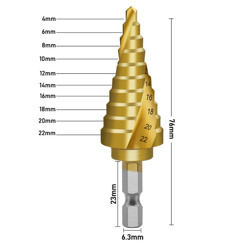 4-22mm Titanium Coated Spiral Slot 4241 Hexagon Shank Pagoda Drill Step Drill Bit High Speed Steel Reaming Drill Hole Spiral Gro