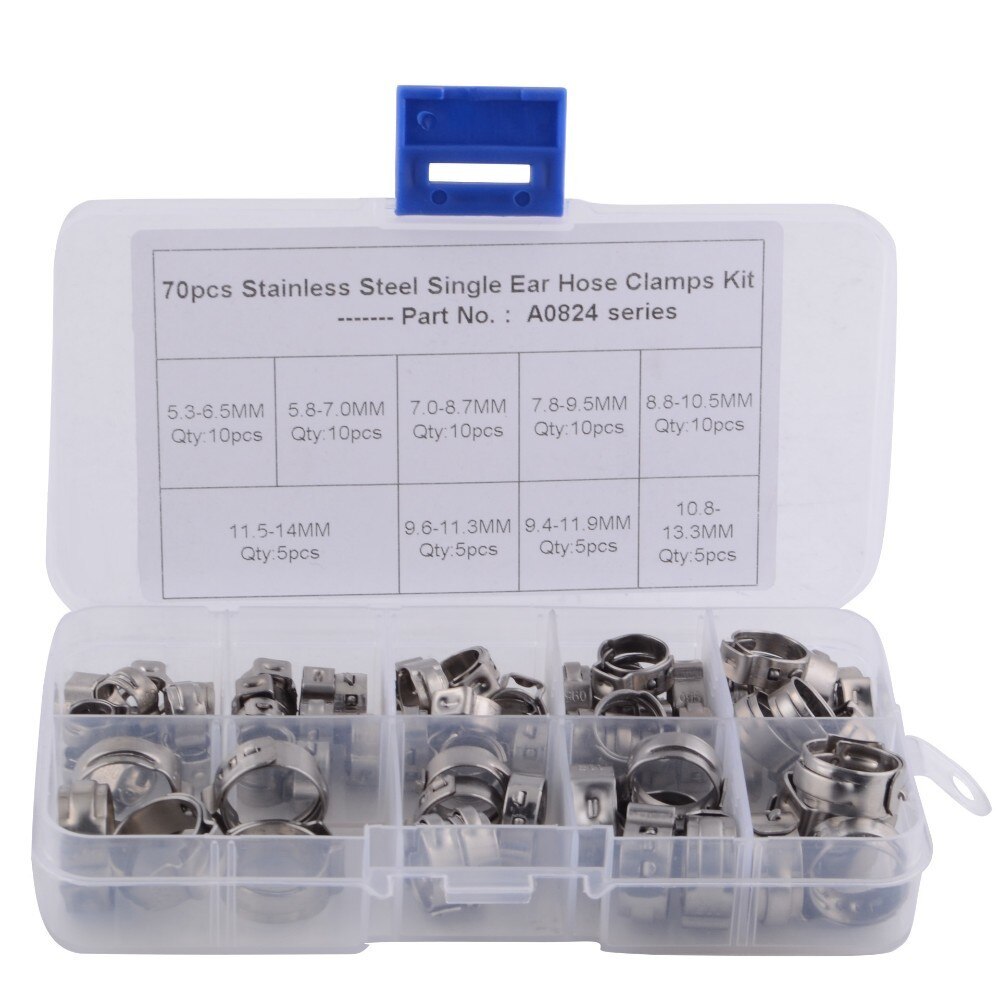 70pcs Single Ear Stepless Hose Clamps 5.3-14.0mm 304 Stainless Steel Hose Clamps Cinch Clamp Rings for Sealing Kinds of Hose