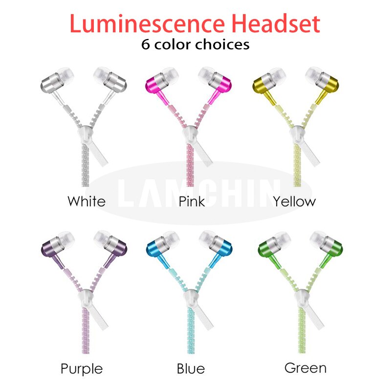 Night Lichtgevende Oortelefoon 5 Kleuren Super Bass Volledige Gloeiende Metalen Rits Oor Telefoons Met Microfoon Voor Iphone Xiaomi Huawei