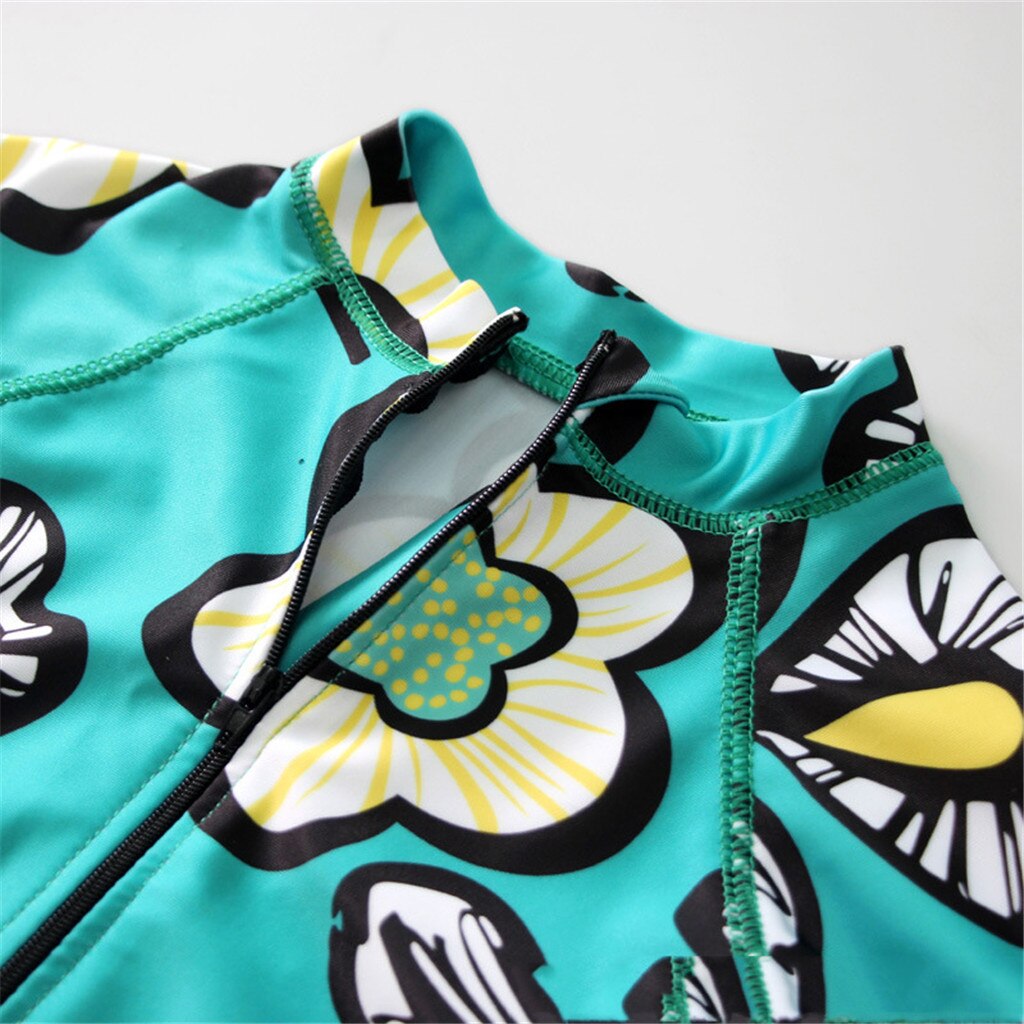 One-Piece Swimsuit for Girls Floral Print Zipper Front Long Sleeve Bikini Beachwear Cute Bathing Children's Swimsuit