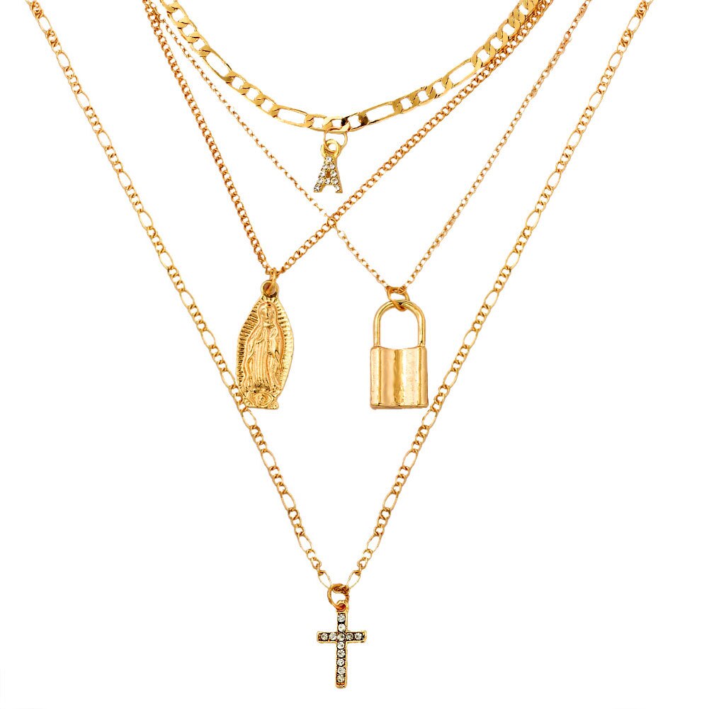 Flatfoosie gouden kristallen letterkruishanger ketting voor vrouwen punk multilayer portretslot lange ketting sieraden: Default Title