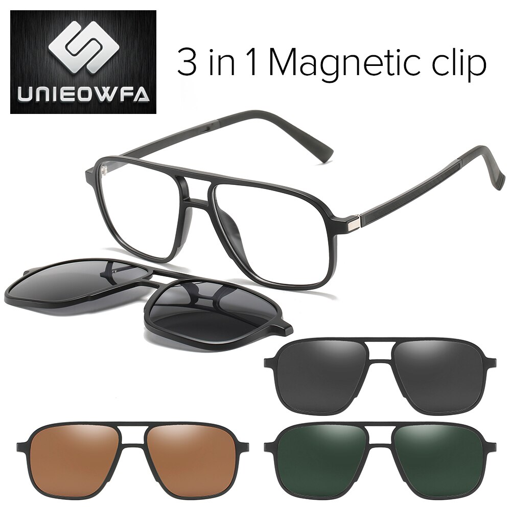 Optical Magnetic Clip on Glasses Frame Men Clear Prescription Myopia Eyeglasses Frame Polarized Magnet Clip Sunglasses Men Brand: 1910 Black 3 in1