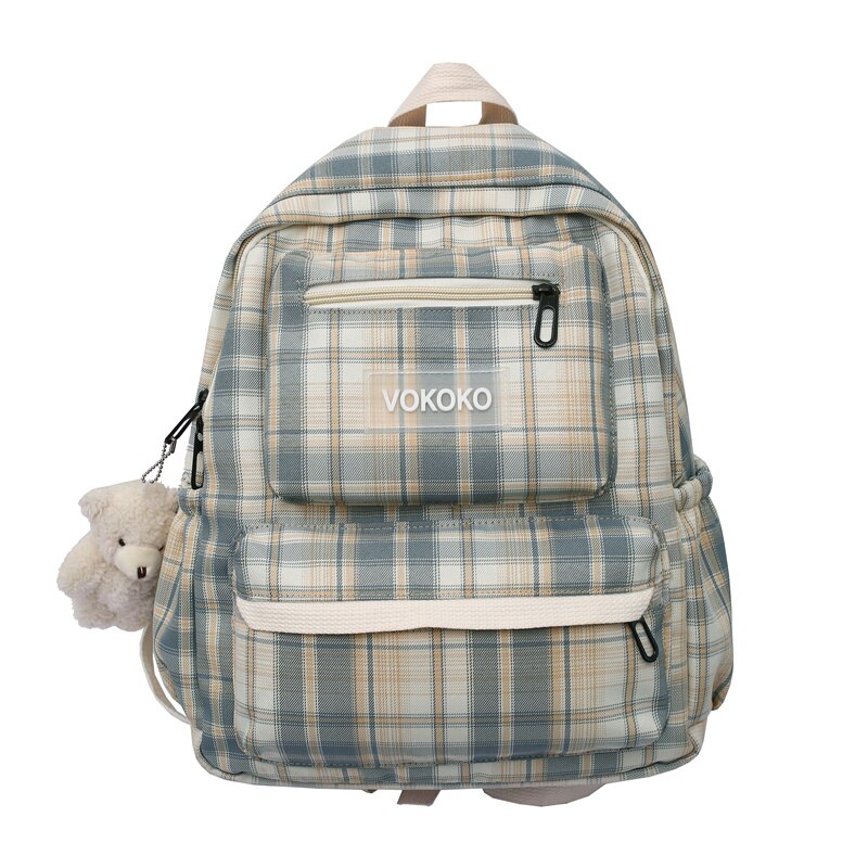 Canvas Backpack - Preppy Style - School Book Laptop Bag for Teenager Students - Under 20L: Khaki / With Pendant