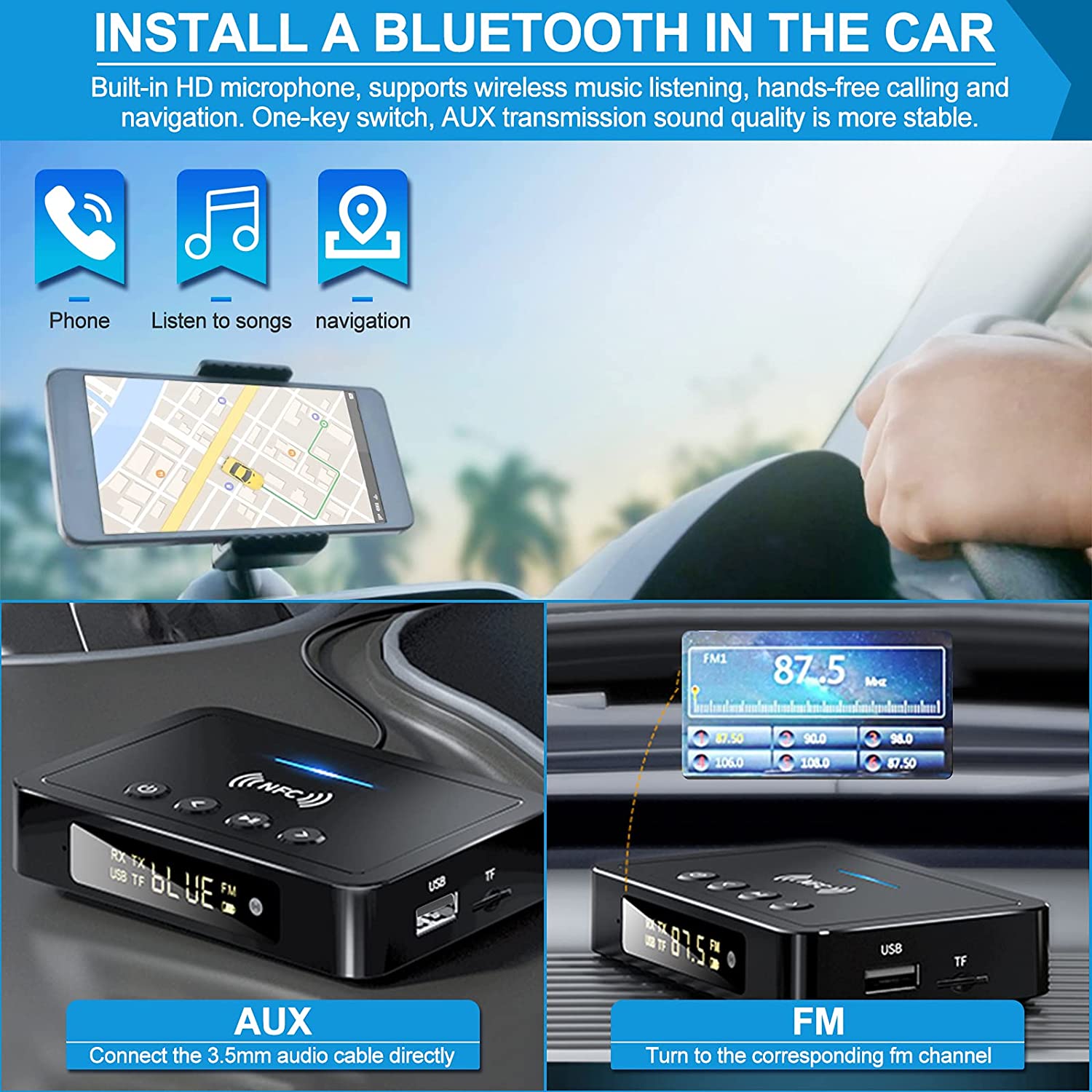 Bluetooth 5.0 lähetin vastaanotin 3 in 1 langaton sovitin 3.5mm aux rca hifi-stereokaiuttimelle/televisiolle/tietokoneelle/tabletille/autolle