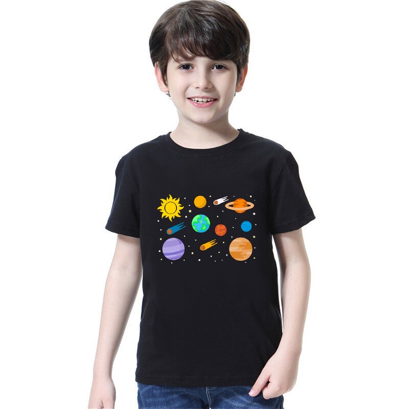 Camiseta de manga curta estampa de planeta, camiseta infantil para meninos e meninas