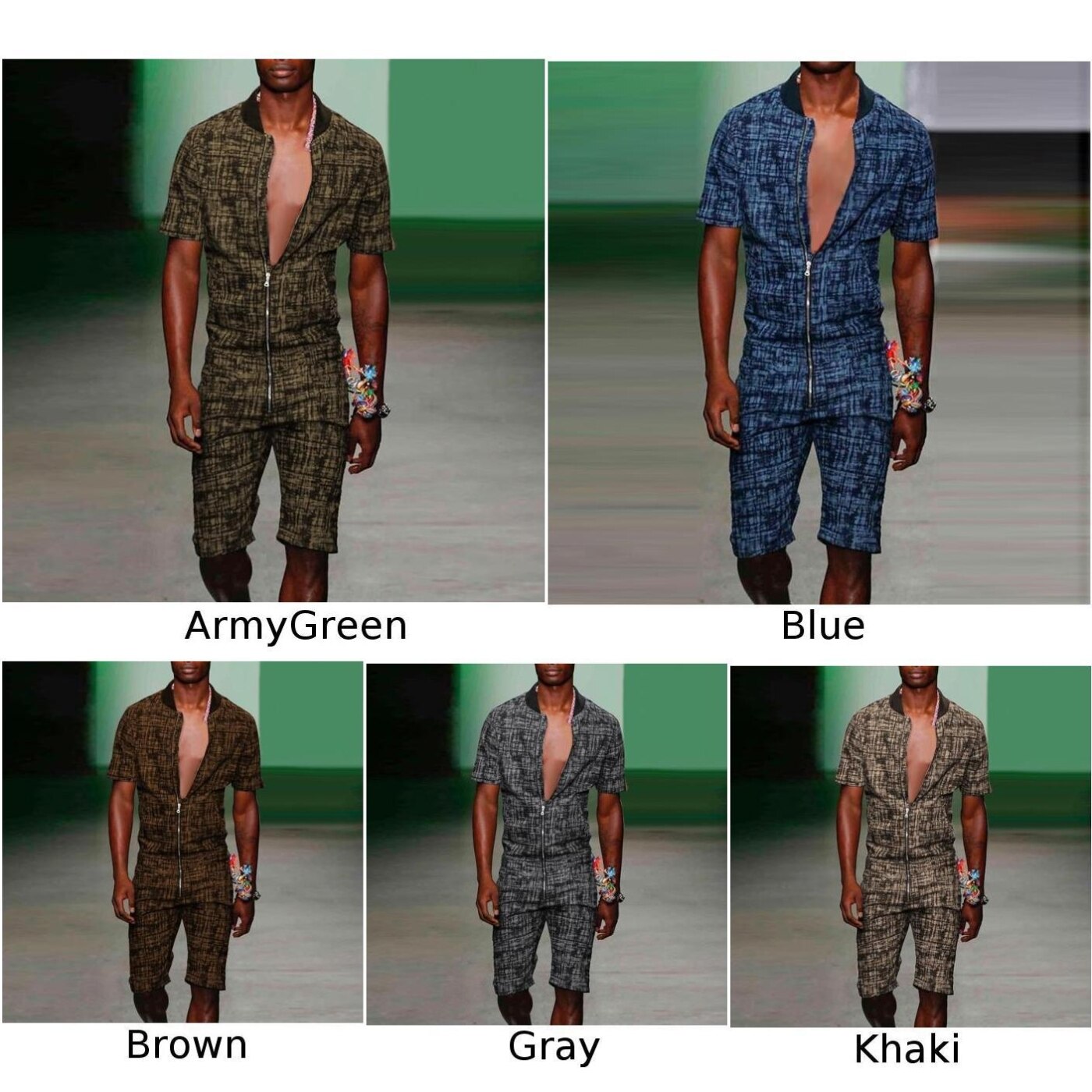 Mannen \ 'S Jumpsuit Zomer Kleding Een Stuk Rompertjes Rits Overalls Jumpsuits Half Broek Korte Mouwen Plaid Casual Rompertjes mannelijke