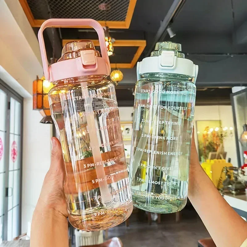2l Draagbare Waterfles Grote Capaciteit Plastic Stro Water Cup Drinkfles Met Tijdmarkering Voor Buitensporten Fitness