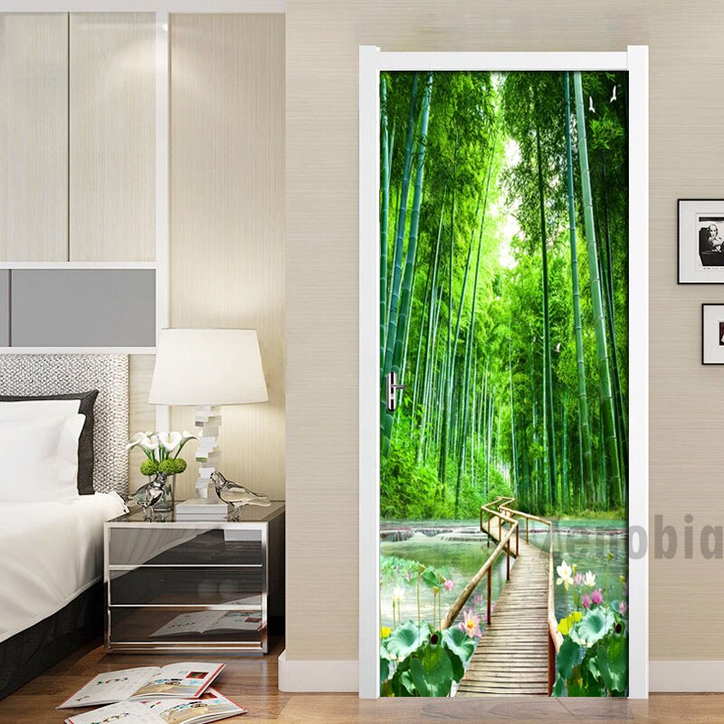3D Muur Deur Sticker Bamboe Bos Brug Behang Woonkamer Slaapkamer Home Decor Plakken Pvc Zelfklevende Waterdichte 3D muurschildering