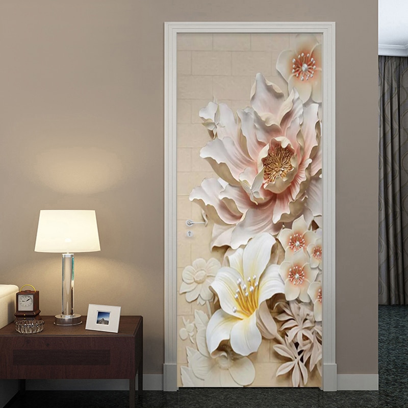 Door Sticker 3D Embossed Flowers Wallpaper PVC Self-Adhesive Living Room Hotel Door Decals Home Decor Vinyl Mural Wall Stickers