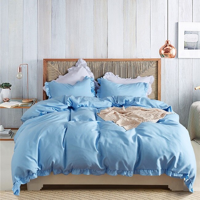 Romantische Roze Beddengoed Set Elegante Ruches Rand Dekbedovertrek Set 2/3 stks Bed Linnen Dekbedovertrek Twin Queen koning Bruiloft Decoratie: blue / US Twin  2pcs