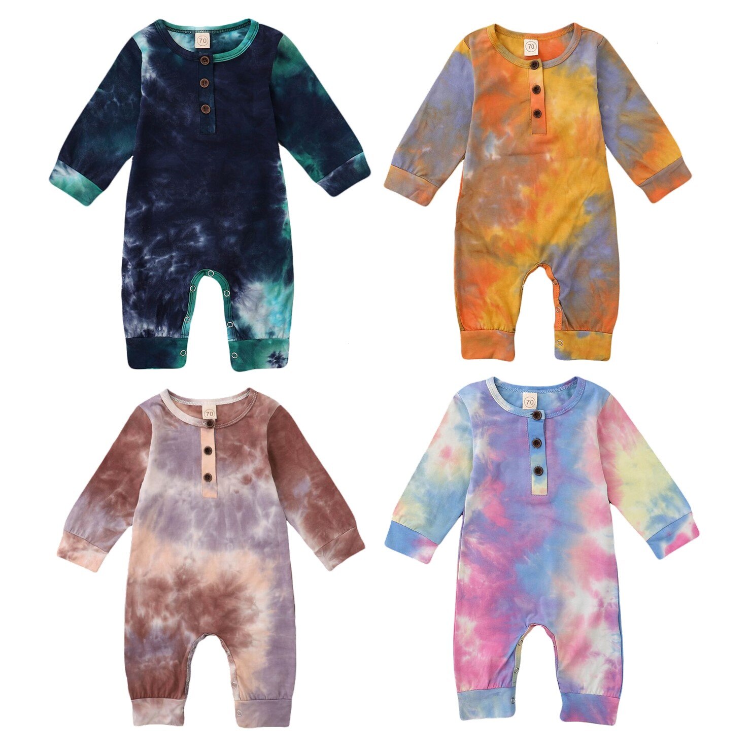Citgeett automne infantile bébé garçons filles cravate colorant impression à manches longues bouton décorer barboteuse une pièce automne printemps vêtements