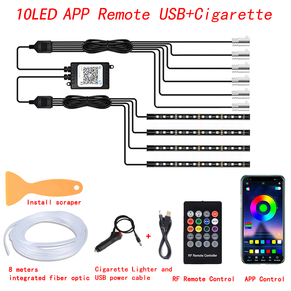 LED Car Interior Ambient Strip Lights, RGB Fibra Óptica, Atmosfera Neon Lighting Kit, Controle Remoto, Auto Lâmpadas Decorativas: RGB