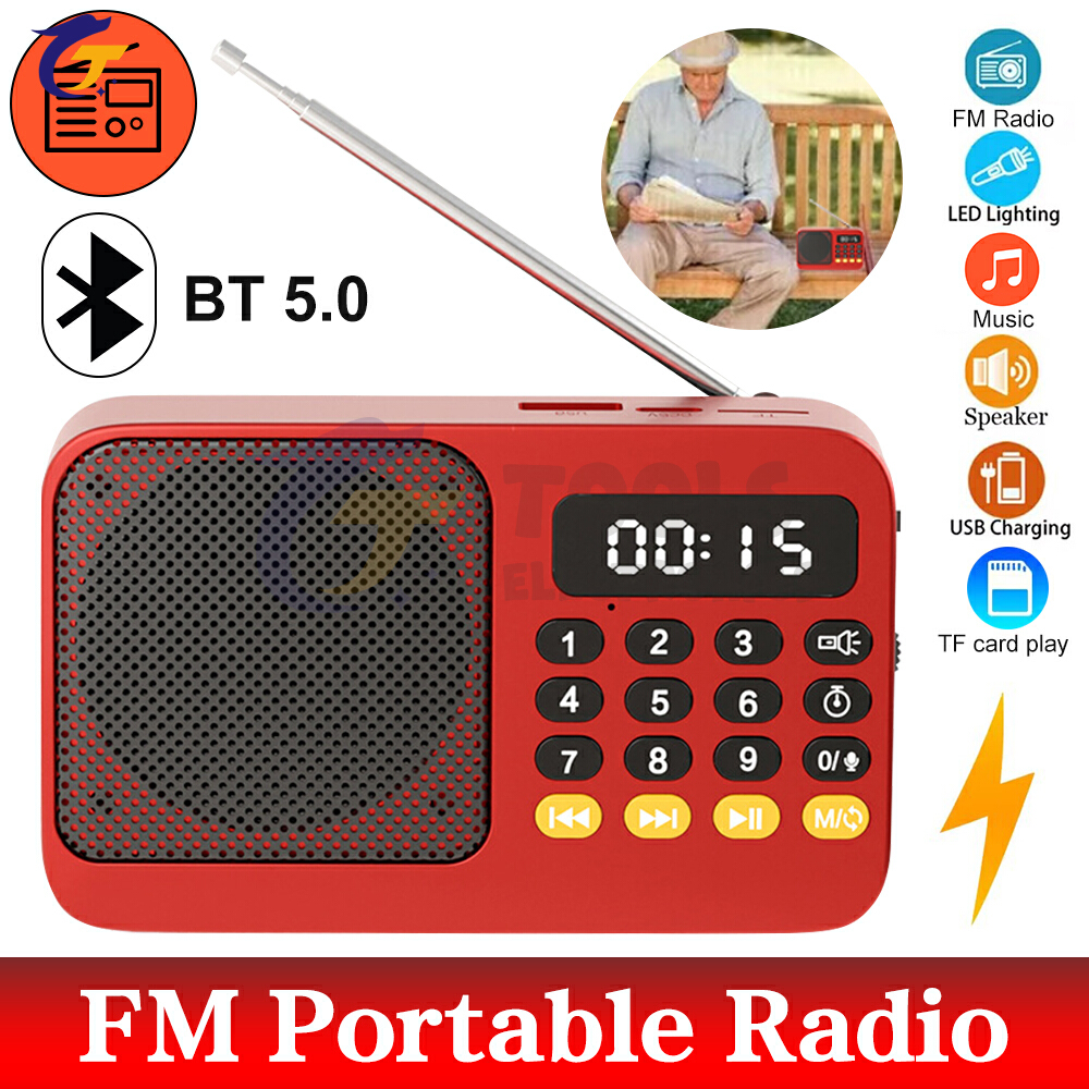 Kompakt handhållen bärbar radio, uppladdningsbar fm, tf, usb, bt, musikspelare med lcd-skärm, 3.5mm uttag och ficklampa