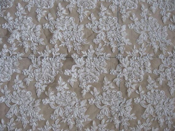 Tela Blanca de encaje alencon con flores retro, tela de encaje nupcial de cordón, tela de encaje de cordón con flores de jacquard, una yarda