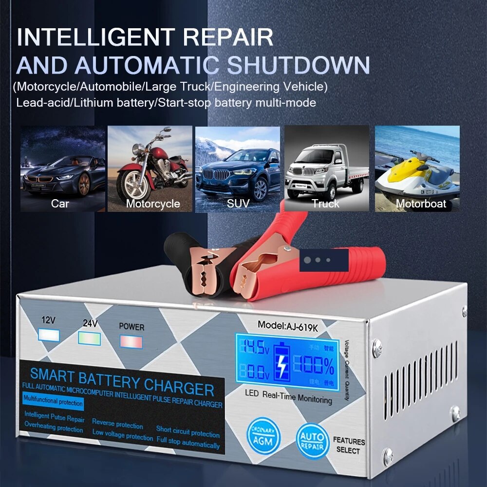ANJING 12V 20A 24V15A Car Battery Charger 6-400AH Motorcycle Lead-acid Battery AGM Start-stop Charger Automatic Repair Charger
