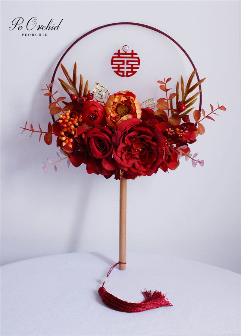 PEORCHID-ramos de novia clásicos de champán, flores artificiales chinas, Vintage Palace, redondos, abanico de mano, broche de ramo de bodas