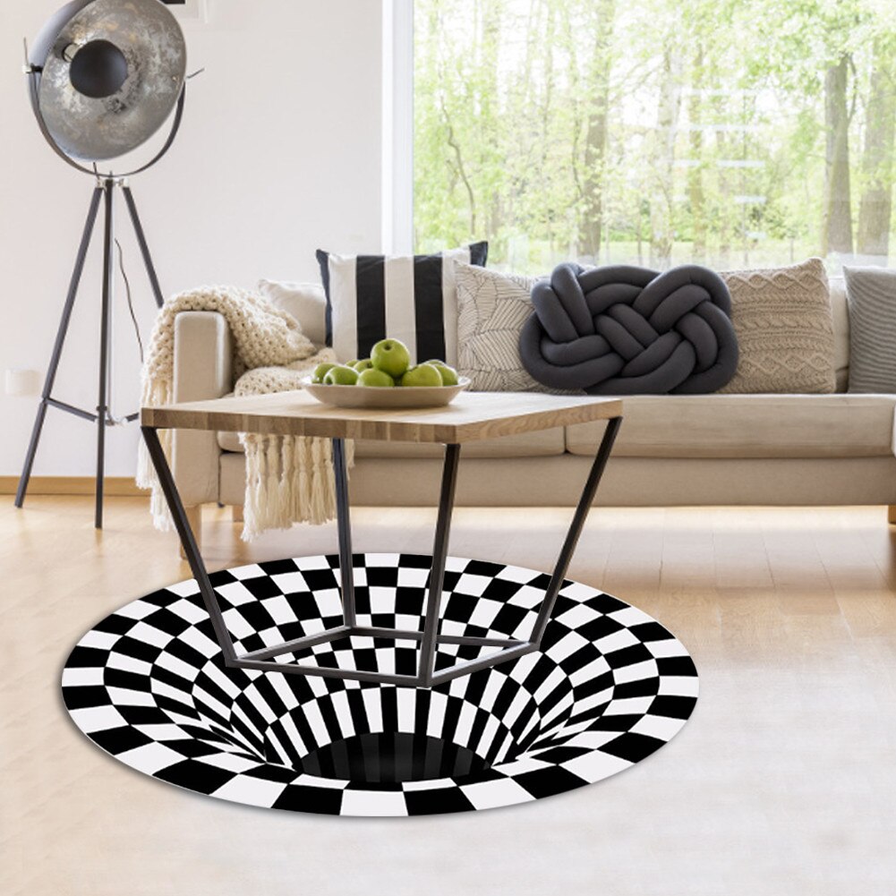 Runde hjemmetæpper tæpper sort hvid gittertæppe 3d illusion vortex værelse soveværelse skridsikre gulvmåtter hjem tæpper