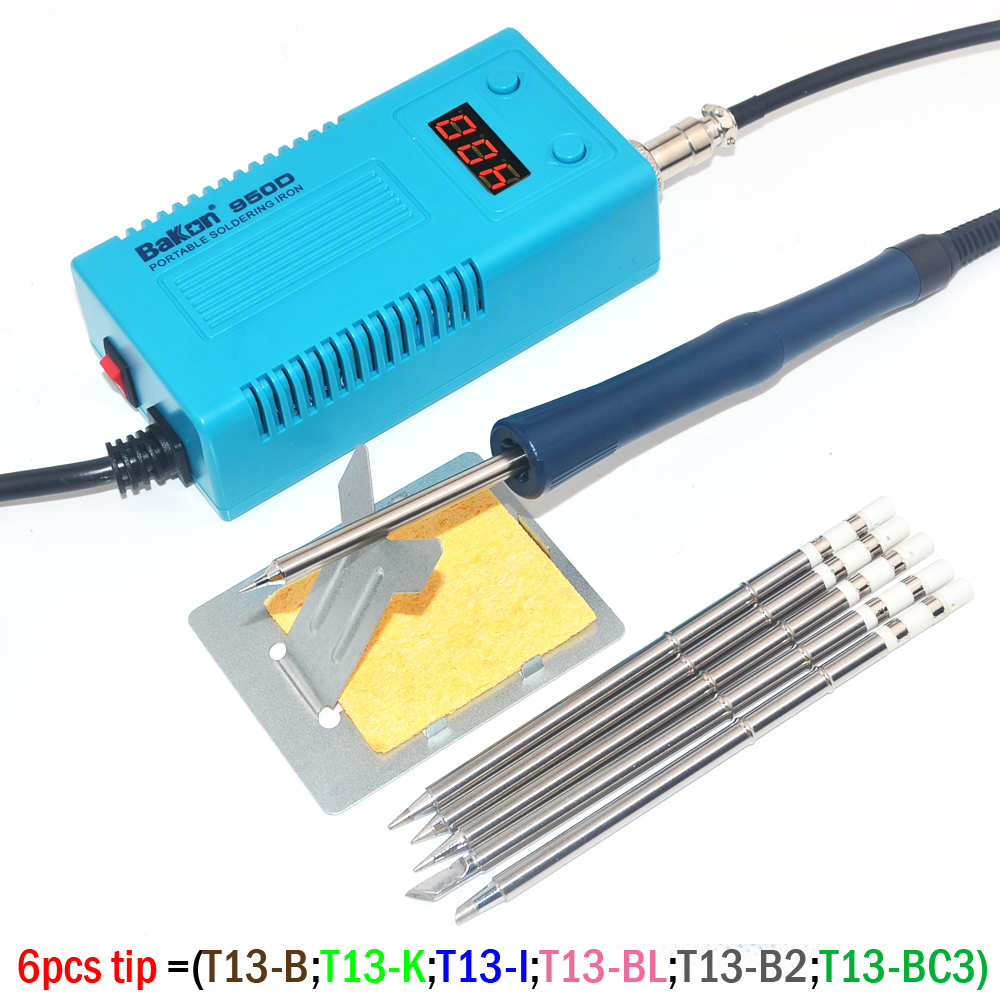 Stazione saldante portatile di digitale BGA del saldatore di BAKON 950D 110V/220V 75W mini con la punta di T13-I per FX-951/936 + cavo della lega per saldatura: 950D e 6pezzi tip
