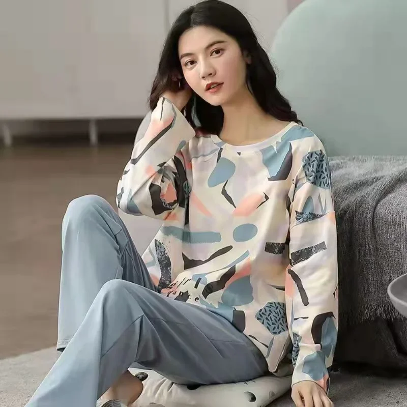Kvinders pyjamas forår og efterår langærmet efterår og vinter hjemmetøj plus size enkelt løstsiddende jakkesæt overtøj