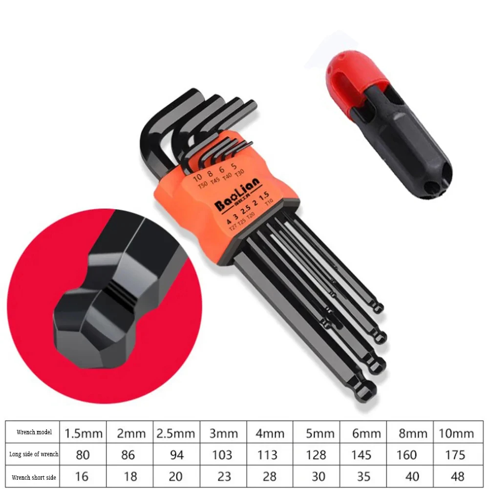 Juego de 9 Uds de llaves hexagonales, herramienta de llave Allen, llave cuadrada Torx, extremo de bola larga Hexagonal interior, llave L de 1,5 - 10mm con mango en T: Negro