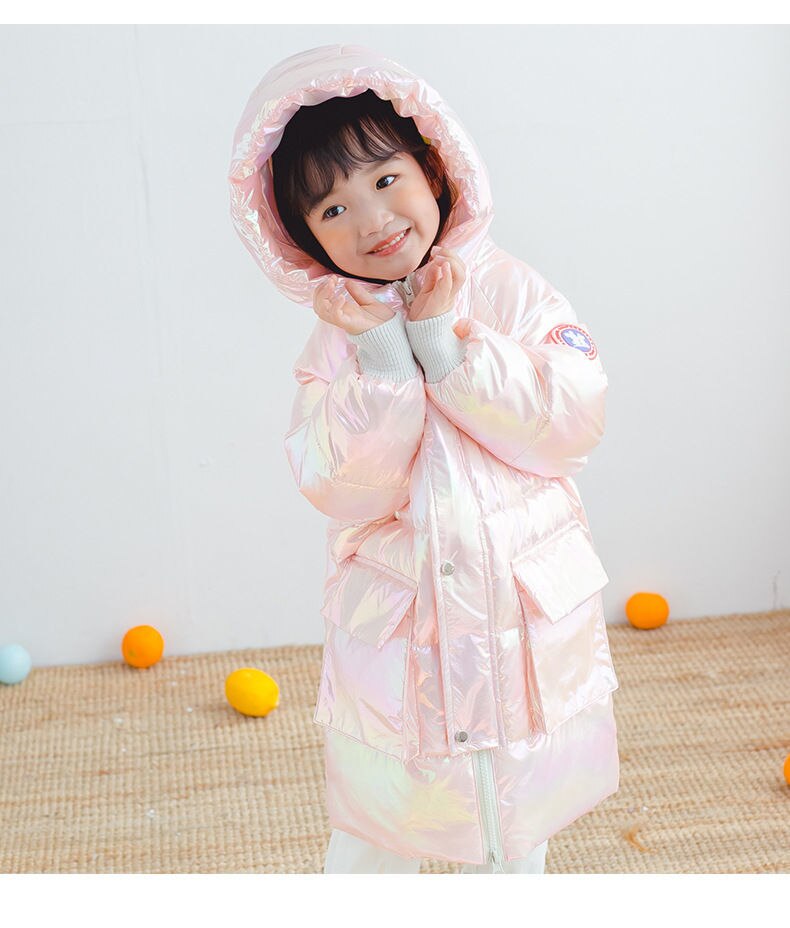 Doudoune mi-longue arc-en-ciel colorée en duvet de canard blanc pour enfant, parka à capuche pour bébé, manteau d'hiver pour petite fille: Rose / 130
