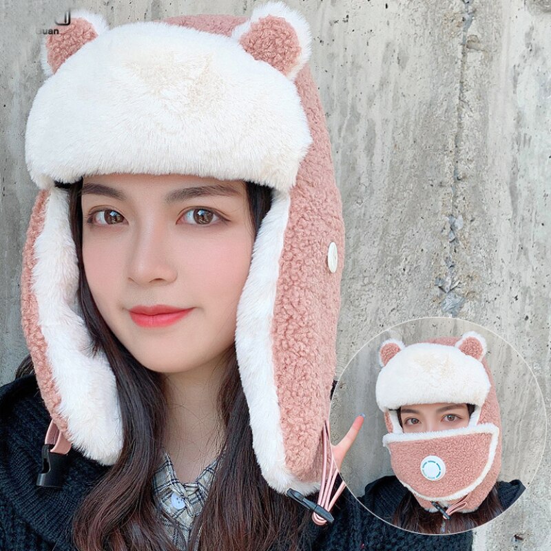 HT3375-gorro ruso de lana de oveja gruesa y cálida con máscara para mujer, gorro de invierno con orejera de esquí, gorra de cazador: Rosa