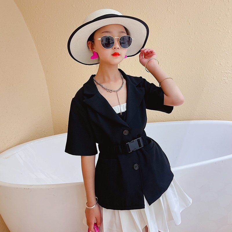 Ropa coreana para niñas, Chaqueta de traje de manga corta, Color blanco y negro, chaquetas de para adolescentes, abrigos con cinturón de 5, 6, 8, 10 y 12 años: Negro / 14
