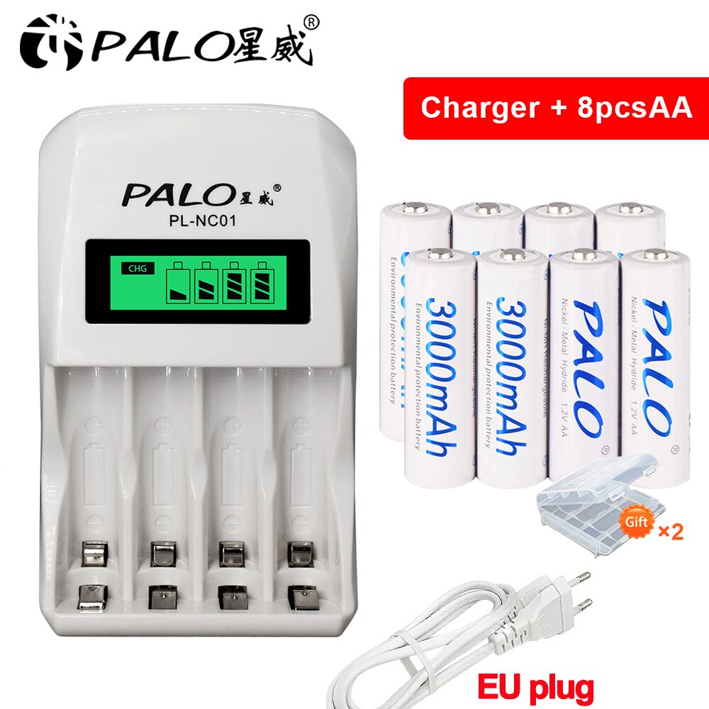 Palo 1.2v aa nabíjateľná batéria  + 1.2v aaa nabíjacie batérie s inteligentnou aa nabíjačkou batérií pre 1.2v ni-mh aa aaa batérie: 8 aa 1