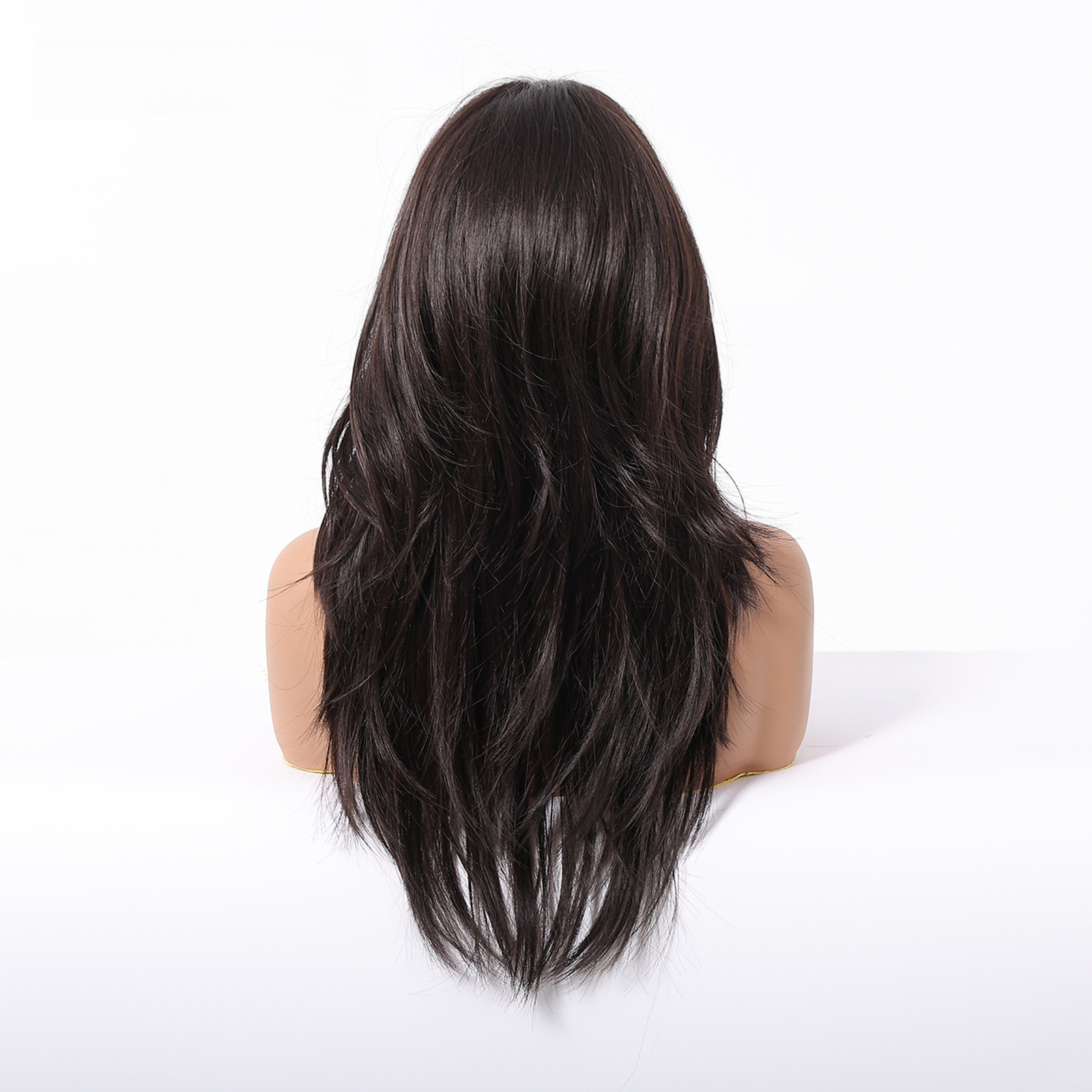 Producto, pelo largo negro natural con flequillo de ocho caracteres, peluca microenrollada para mujer, redecilla sintética transpirable