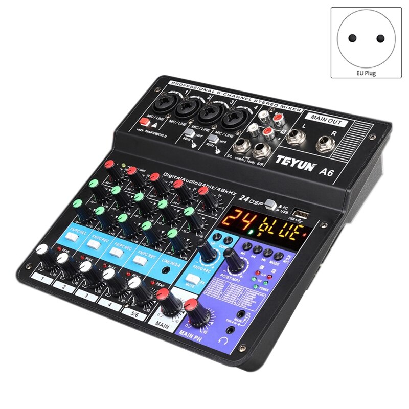 Sound Card 6-Channel Mixer Outdoor Conference Audio USB Bluetooth Reverb Audio for Microphone Live