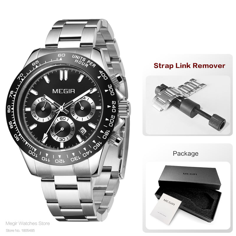 MEGIR Men Watch Top Brand Luxury Sports Quartz Watches Stainless Steel Strap Waterproof Chronograph Wristwatch часы мужские 8104: black
