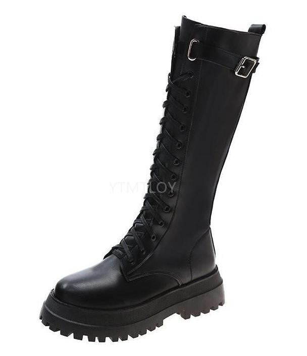 All Black Women Long Boots Lace Up High Heels Ladies Chunky Platform Shoes Female Footwear Motorcycle Knee-High Botas Mujer: 37