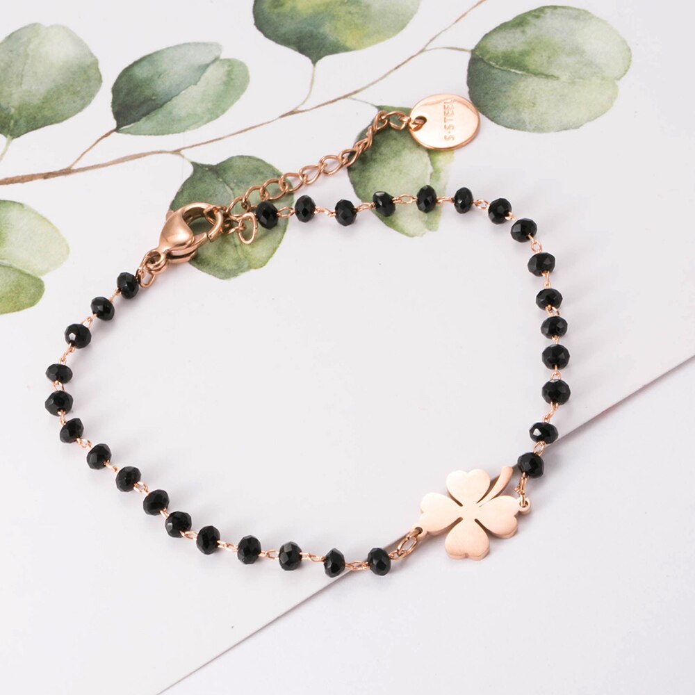 Or Rose trèfle acier inoxydable Bracelets porte-bonheur femmes noir cristal perles chaîne Bracelet bijoux De Joyas De Mujer