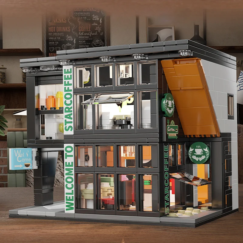 Coffee Shop City House Bausteine-Set für Erwachsene, City Street View Konstruktionsspielzeug mit Licht, Weihnachtsgeschenk für Kinder, Jungen und Mädchen