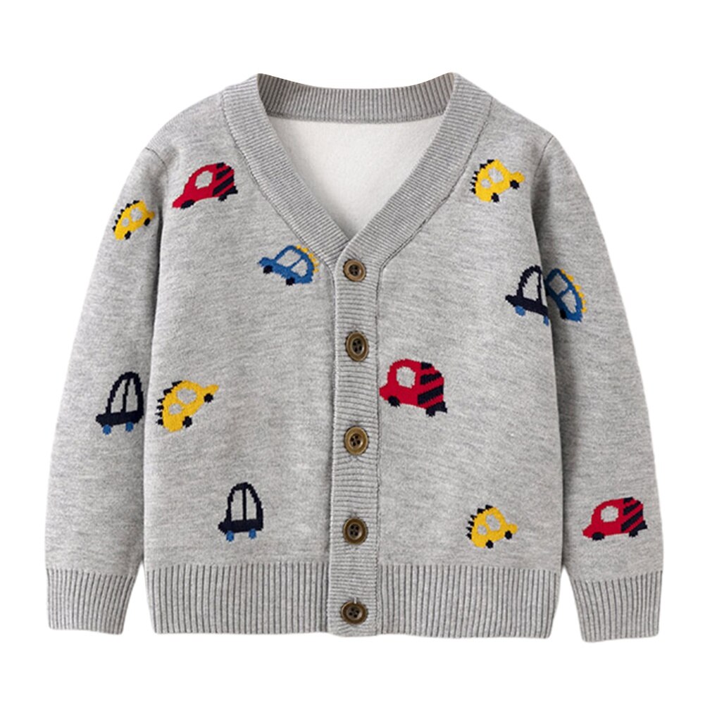 Cardigan per bambini primavera e autunno Cartoon Car Print maglione cardigan giacca cappotto ragazzi bambino abbigliamento per bambini: GRAY / 5-6T