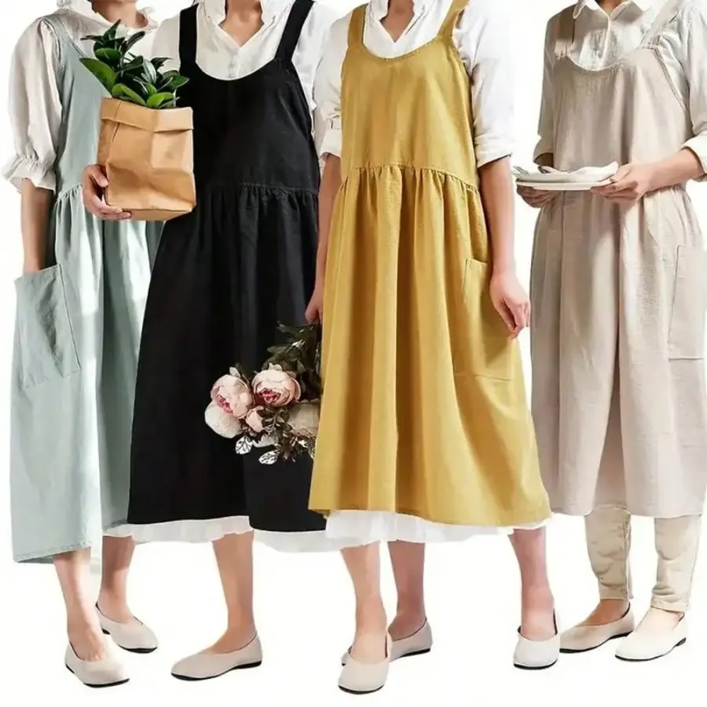 Japanese Linen Aprons for Women with Pockets Cross Back Cute Apron Dress for Gardening Painting Baking Cooking Kawaii Kitchen